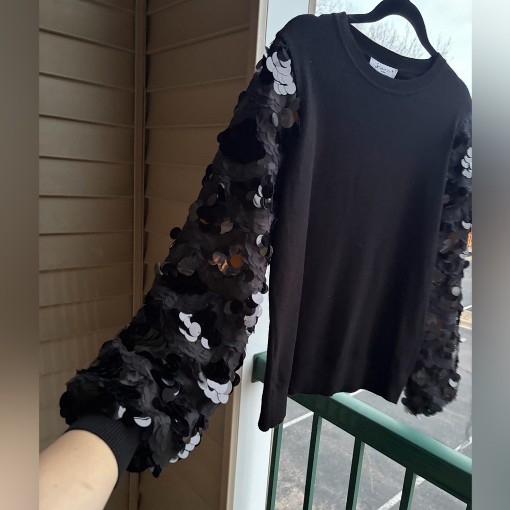 🆕 🇩🇪 Sioni Black Sequin Balloon Sweater Top M Statement Party Glam Pullover Knit - Picture 9 of 12